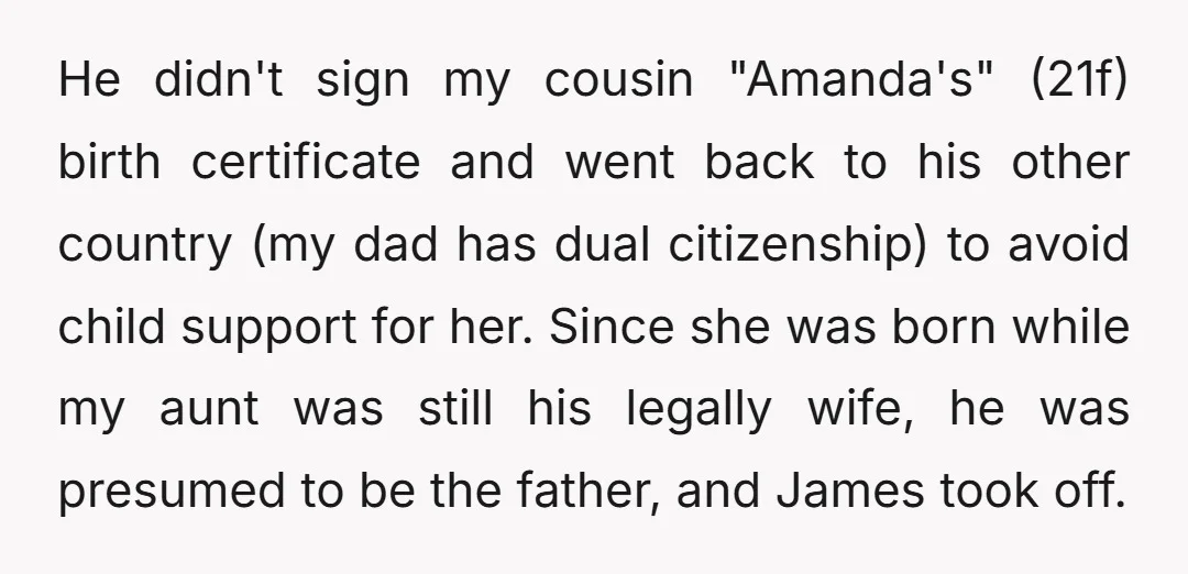 He didn't sign my cousin "Amanda's" (21f) birth certificate and went back to his other country (my dad has dual citizenship) to avoid child support for her. Since she was...