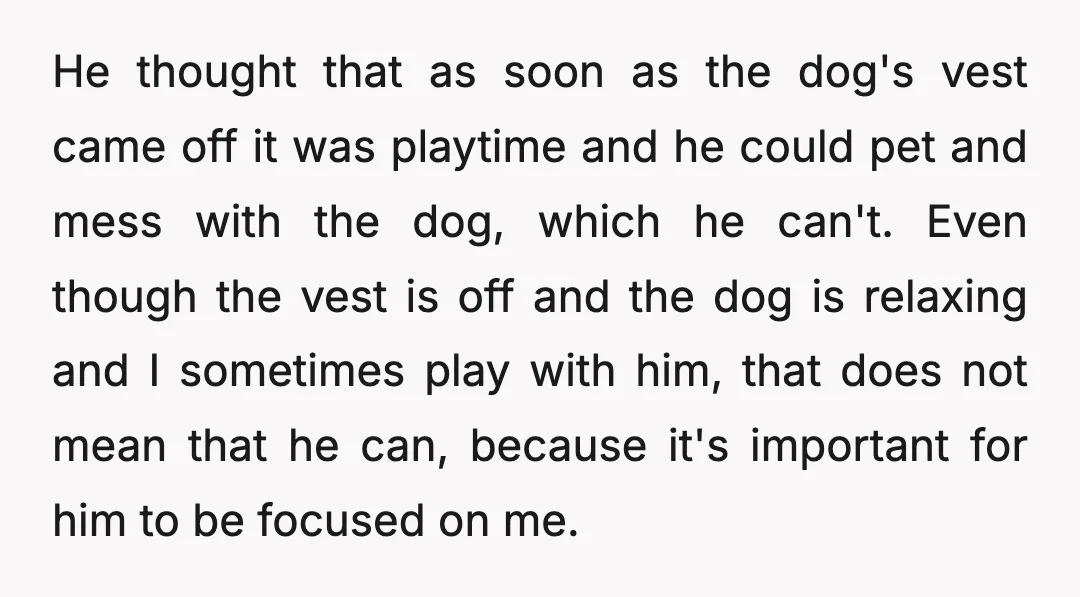 He thought that as soon as the dog's vest came off it was playtime and he could pet and mess with the dog, which he can't. Even though the vest...