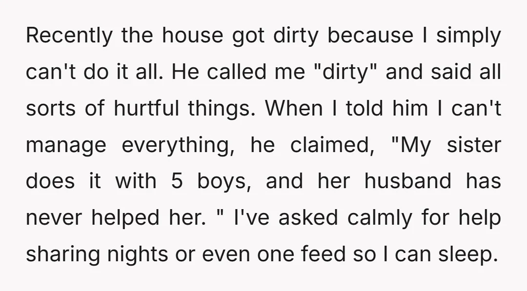 Recently the house got dirty because I simply can't do it all. He called me "dirty" and said all sorts of hurtful things. When I told him I can't manage...