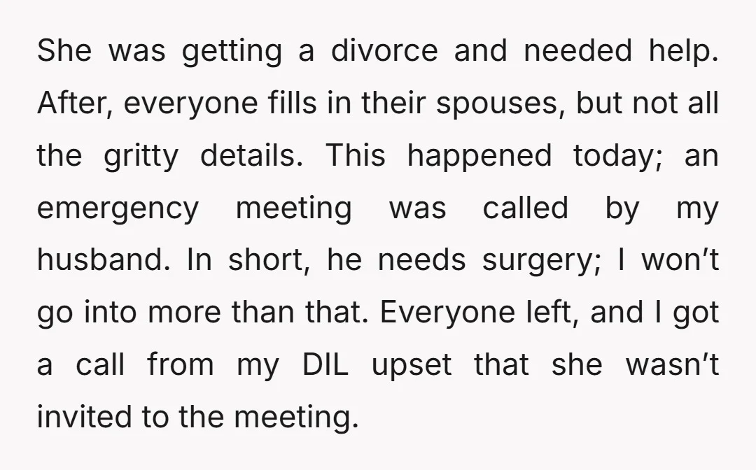 She was getting a divorce and needed help. After, everyone fills in their spouses, but not all the gritty details. This happened today; an emergency meeting was called by my...