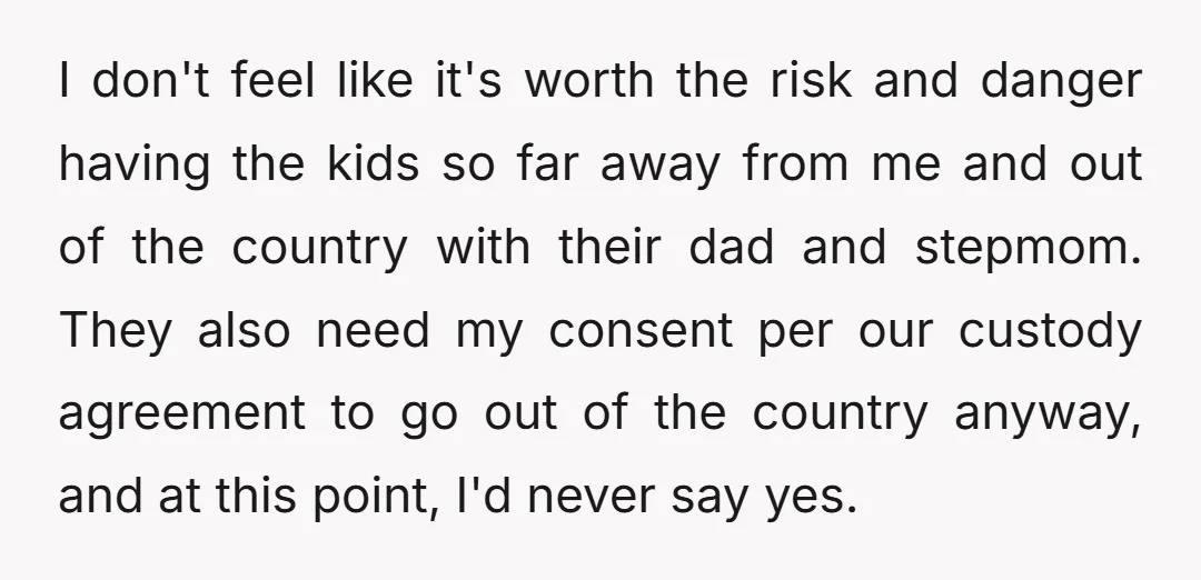 I don't feel like it's worth the risk and danger having the kids so far away from me and out of the country with their dad and stepmom. They also...