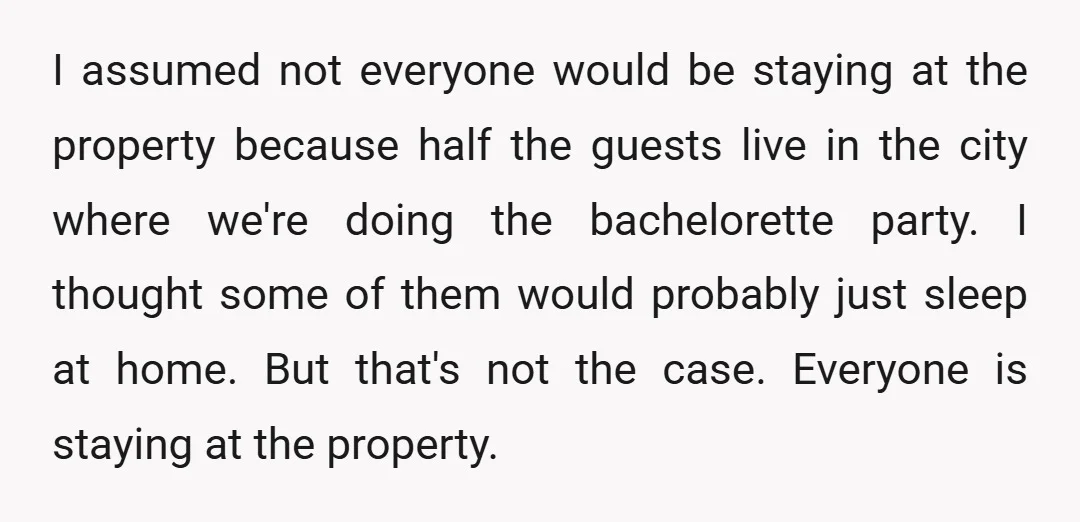 I assumed not everyone would be staying at the property because half the guests live in the city where we're doing the bachelorette party. I thought some of them would...