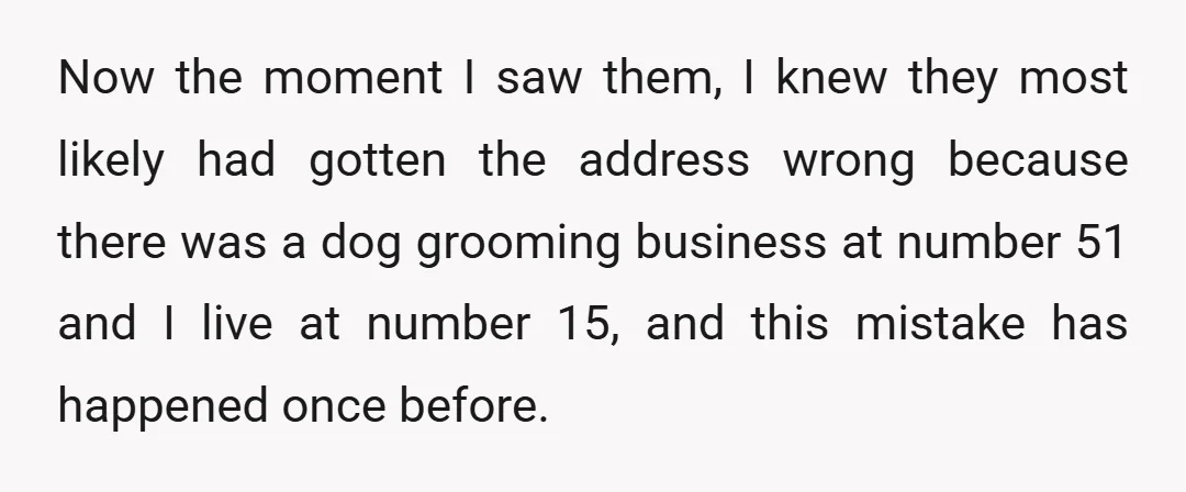 Now the moment I saw them, I knew they most likely had gotten the address wrong because there was a dog grooming business at number 51 and I live at...