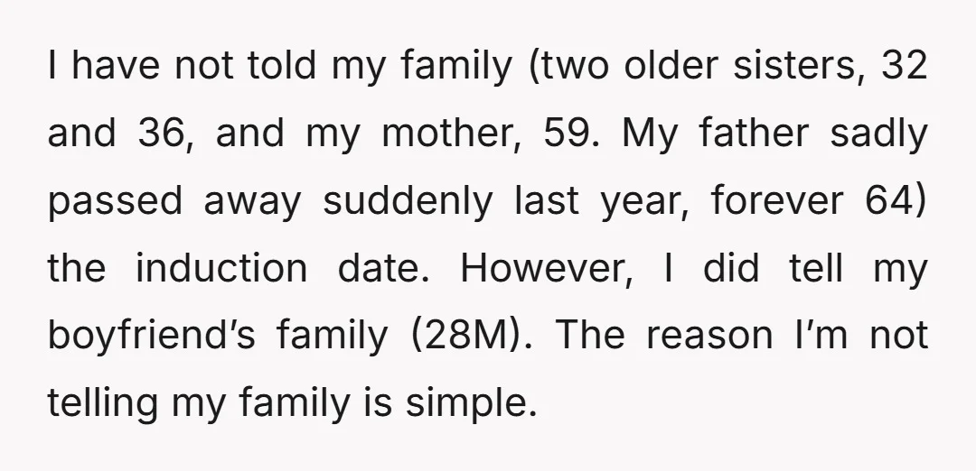 I have not told my family (two older sisters, 32 and 36, and my mother, 59. My father sadly passed away suddenly last year, forever 64) the induction date. However,...