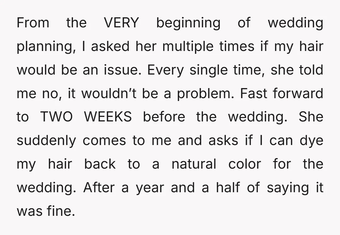 From the VERY beginning of wedding planning, I asked her multiple times if my hair would be an issue. Every single time, she told me no, it wouldn’t be a...