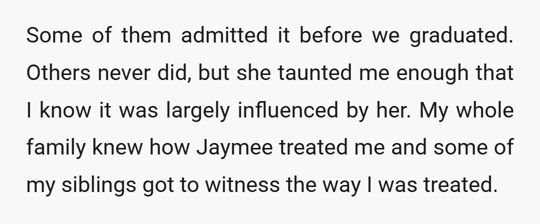 Some of them admitted it before we graduated. Others never did, but she taunted me enough that I know it was largely influenced by her. My whole family knew how...