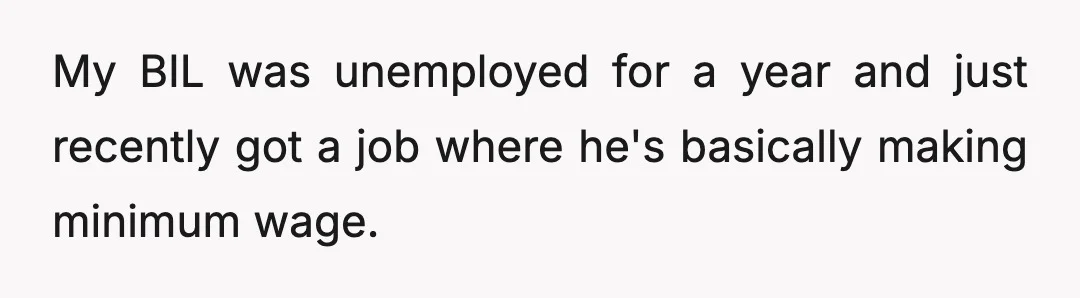 My BIL was unemployed for a year and just recently got a job where he's basically making minimum wage.