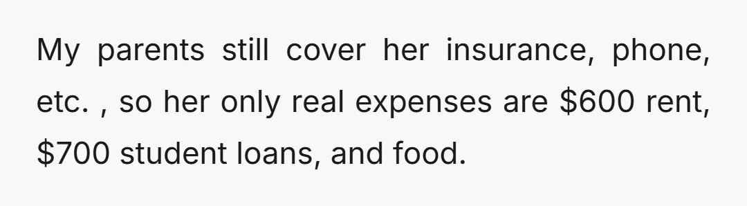 My parents still cover her insurance, phone, etc. , so her only real expenses are $600 rent, $700 student loans, and food.