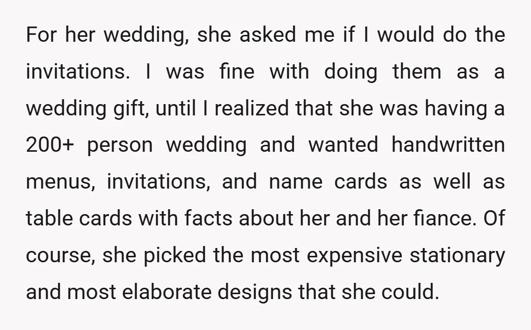 For her wedding, she asked me if I would do the invitations. I was fine with doing them as a wedding gift, until I realized that she was having a...
