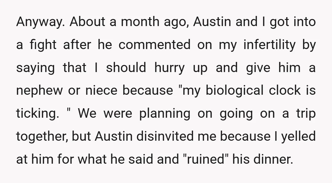 Anyway. About a month ago, Austin and I got into a fight after he commented on my infertility by saying that I should hurry up and give him a nephew...