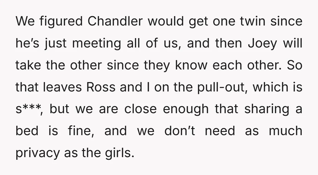 We figured Chandler would get one twin since he’s just meeting all of us, and then Joey will take the other since they know each other. So that leaves Ross...