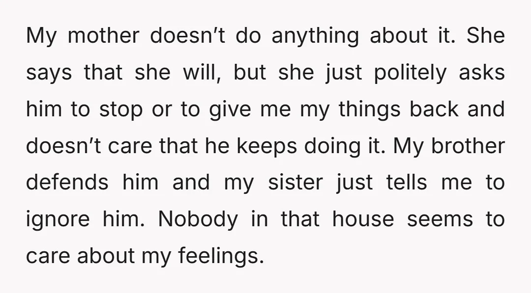 My mother doesn’t do anything about it. She says that she will, but she just politely asks him to stop or to give me my things back and doesn’t care...