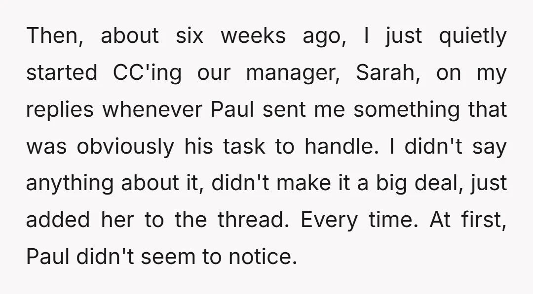 Then, about six weeks ago, I just quietly started CC'ing our manager, Sarah, on my replies whenever Paul sent me something that was obviously his task to handle. I didn't...