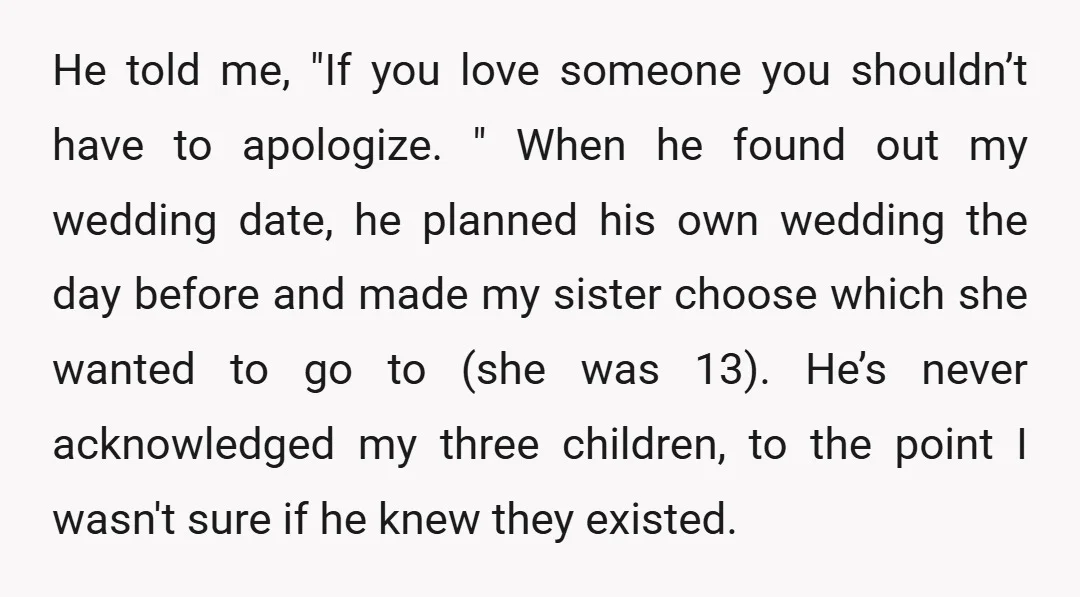 He told me, "If you love someone you shouldn’t have to apologize. " When he found out my wedding date, he planned his own wedding the day before and made...