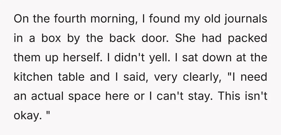 On the fourth morning, I found my old journals in a box by the back door. She had packed them up herself. I didn't yell. I sat down at the...