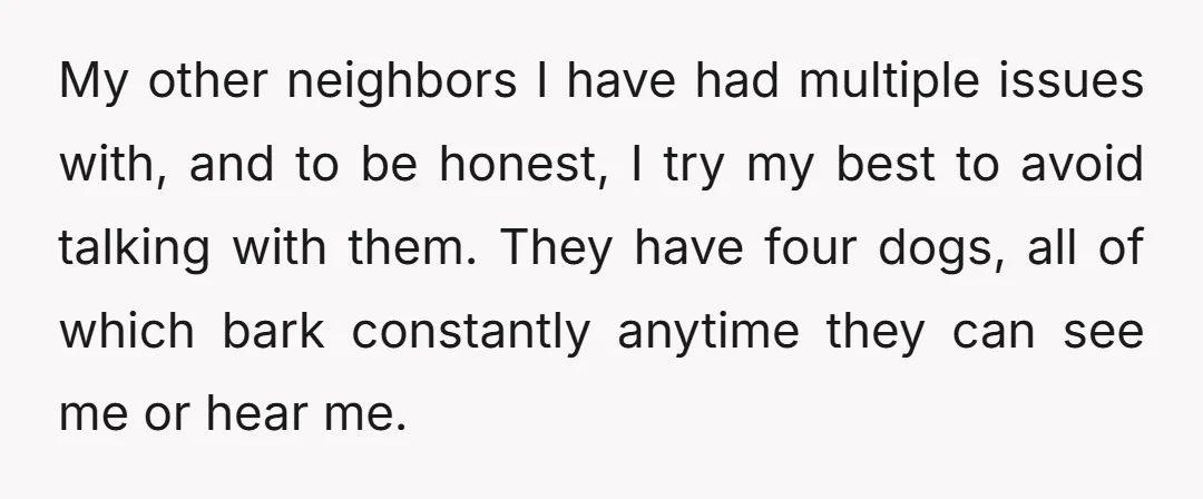 My other neighbors I have had multiple issues with, and to be honest, I try my best to avoid talking with them. They have four dogs, all of which bark...
