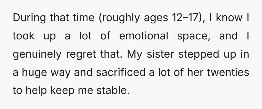 During that time (roughly ages 12–17), I know I took up a lot of emotional space, and I genuinely regret that. My sister stepped up in a huge way and...