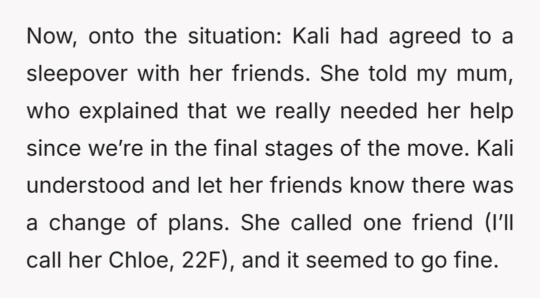 Now, onto the situation: Kali had agreed to a sleepover with her friends. She told my mum, who explained that we really needed her help since we’re in the final...