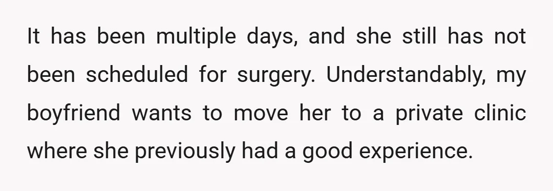 It has been multiple days, and she still has not been scheduled for surgery. Understandably, my boyfriend wants to move her to a private clinic where she previously had a...