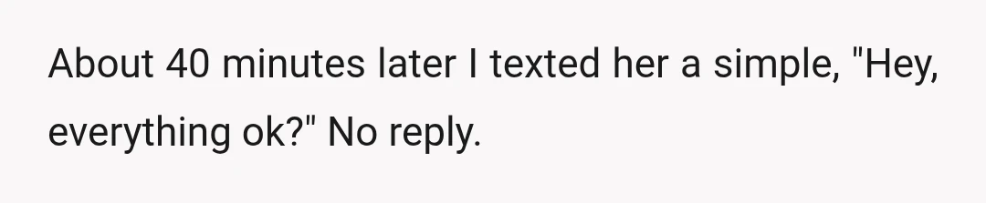 About 40 minutes later I texted her a simple, "Hey, everything ok?" No reply.
