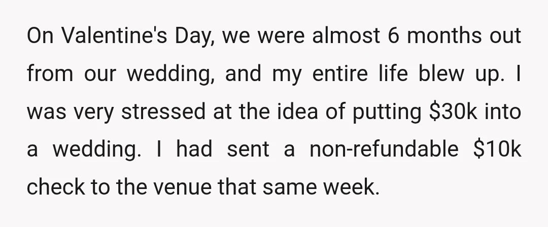 On Valentine's Day, we were almost 6 months out from our wedding, and my entire life blew up. I was very stressed at the idea of putting $30k into a...