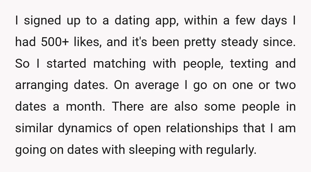 I signed up to a dating app, within a few days I had 500+ likes, and it's been pretty steady since. So I started matching with people, texting and arranging...