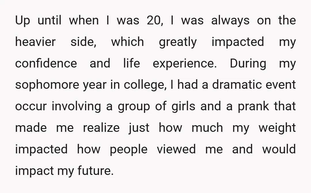 Up until when I was 20, I was always on the heavier side, which greatly impacted my confidence and life experience. During my sophomore year in college, I had a...