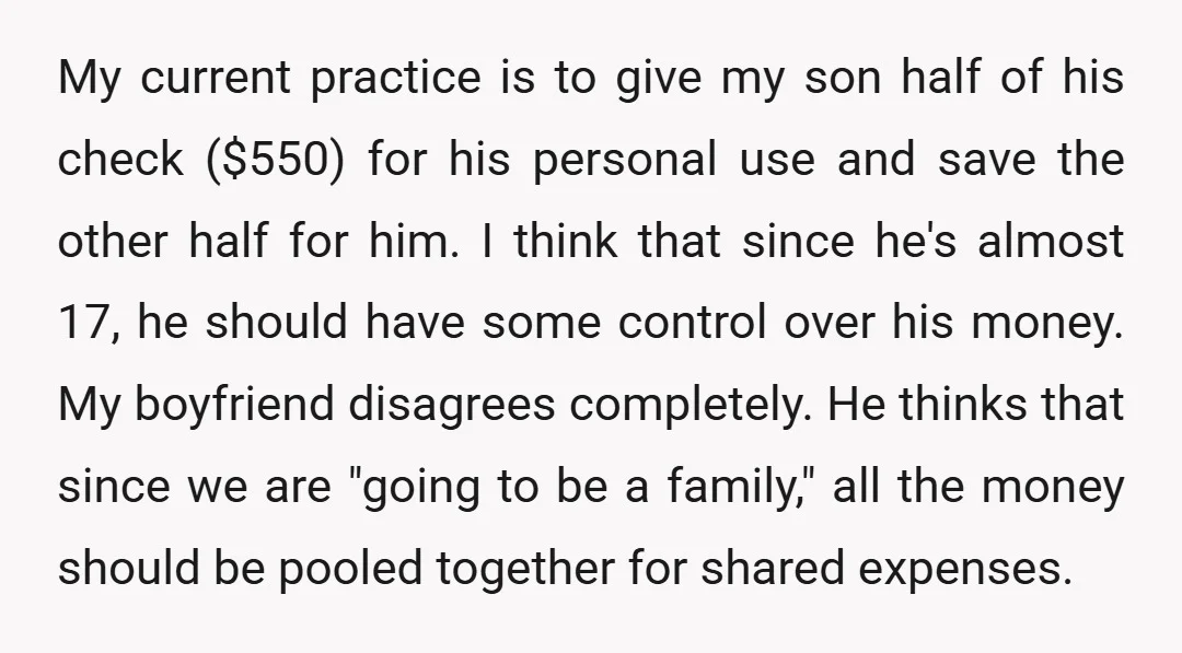 My current practice is to give my son half of his check ($550) for his personal use and save the other half for him. I think that since he's almost...
