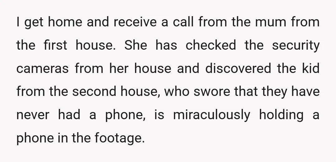 I get home and receive a call from the mum from the first house. She has checked the security cameras from her house and discovered the kid from the second...