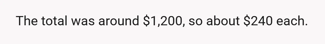 The total was around $1,200, so about $240 each.