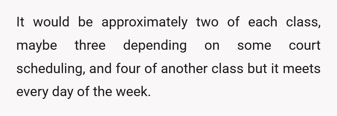 It would be approximately two of each class, maybe three depending on some court scheduling, and four of another class but it meets every day of the week.