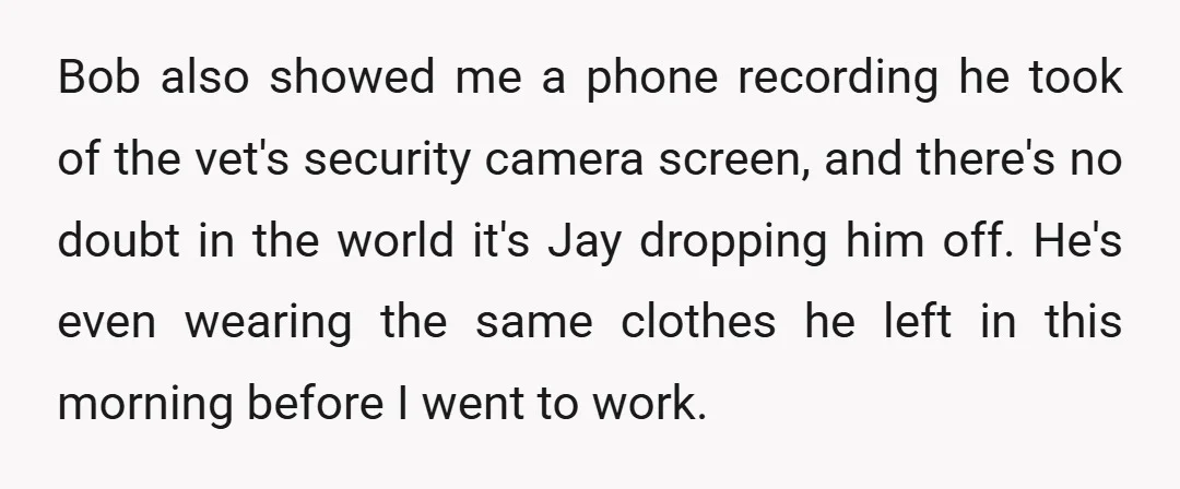 Bob also showed me a phone recording he took of the vet's security camera screen, and there's no doubt in the world it's Jay dropping him off. He's even wearing...