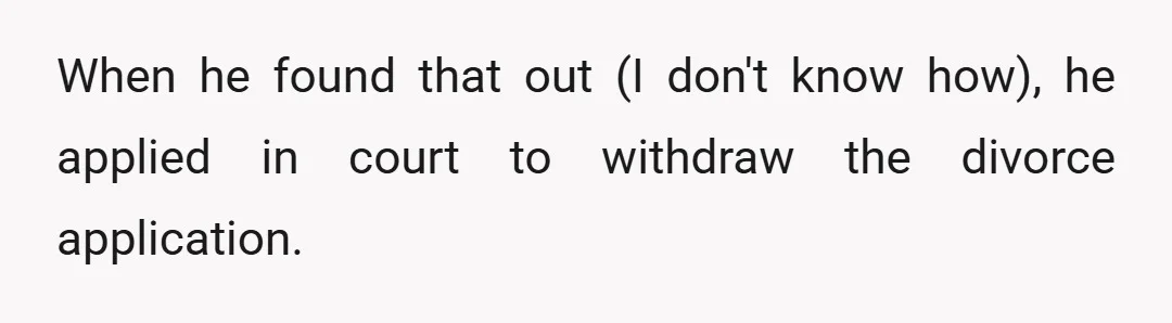 When he found that out (I don't know how), he applied in court to withdraw the divorce application.