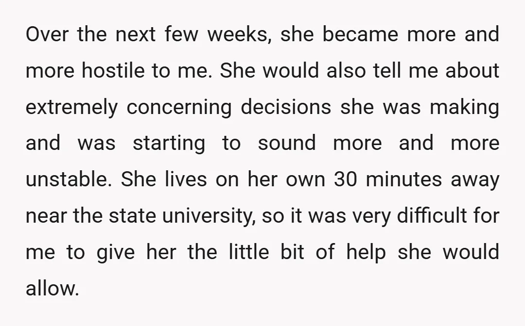 Over the next few weeks, she became more and more hostile to me. She would also tell me about extremely concerning decisions she was making and was starting to sound...