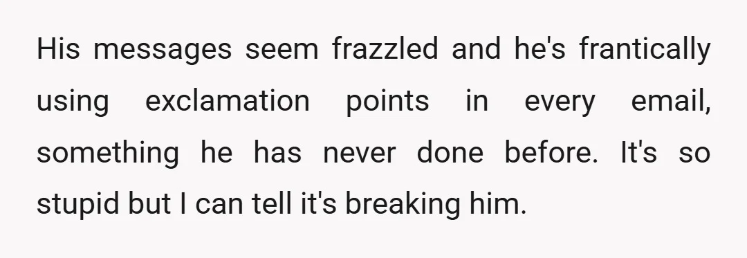 His messages seem frazzled and he's frantically using exclamation points in every email, something he has never done before. It's so stupid but I can tell it's breaking him.