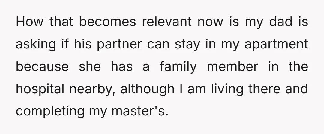 How that becomes relevant now is my dad is asking if his partner can stay in my apartment because she has a family member in the hospital nearby, although I...