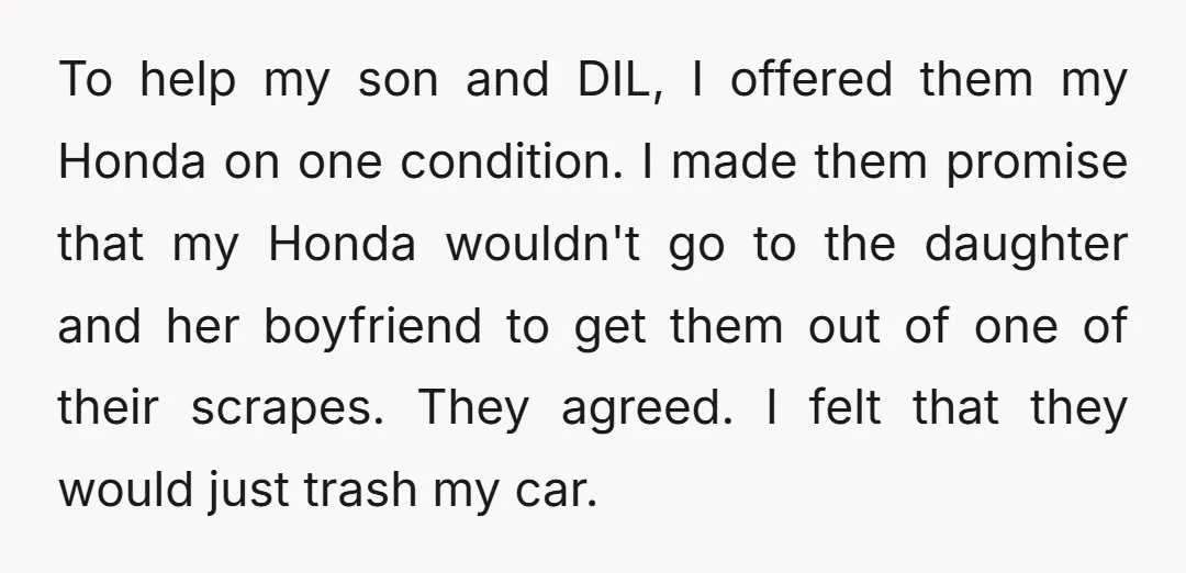 To help my son and DIL, I offered them my Honda on one condition. I made them promise that my Honda wouldn't go to the daughter and her boyfriend to...