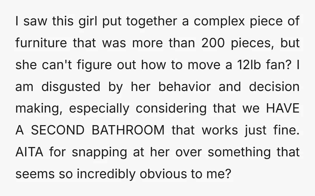 I saw this girl put together a complex piece of furniture that was more than 200 pieces, but she can't figure out how to move a 12lb fan? I am...