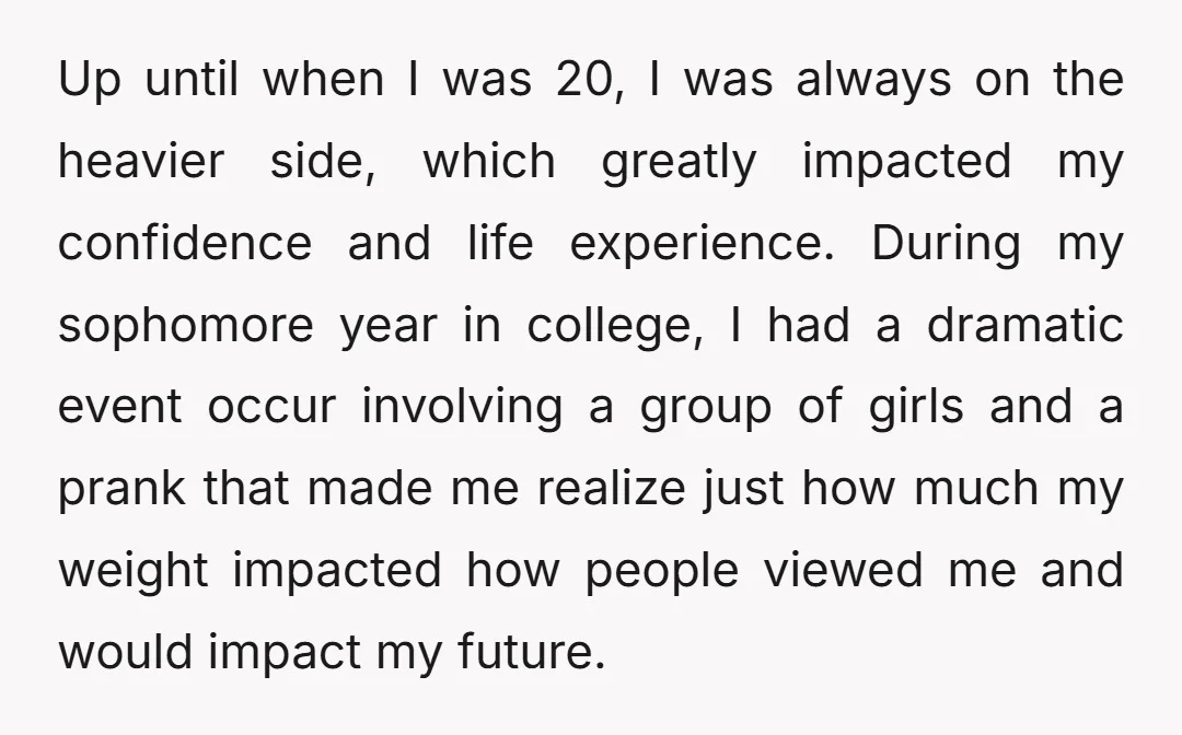 Up until when I was 20, I was always on the heavier side, which greatly impacted my confidence and life experience. During my sophomore year in college, I had a...