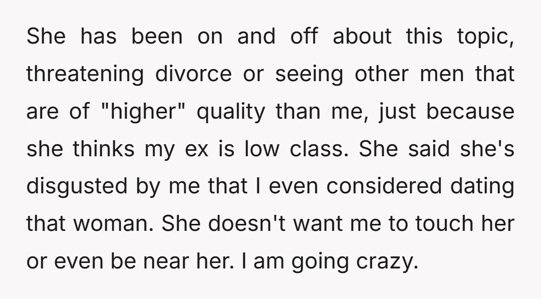 She has been on and off about this topic, threatening divorce or seeing other men that are of "higher" quality than me, just because she thinks my ex is low...