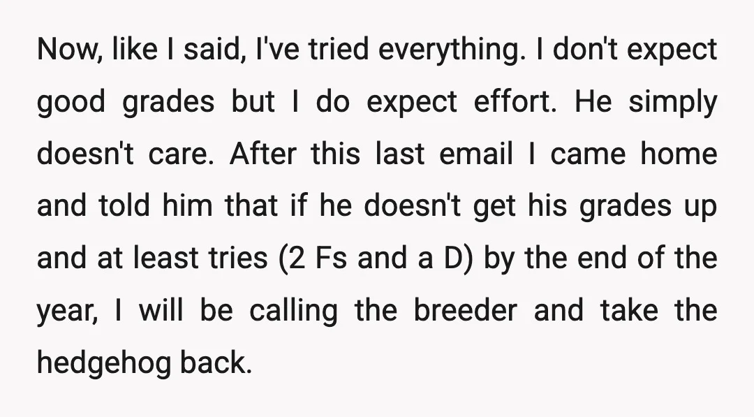 Now, like I said, I've tried everything. I don't expect good grades but I do expect effort. He simply doesn't care. After this last email I came home and told...