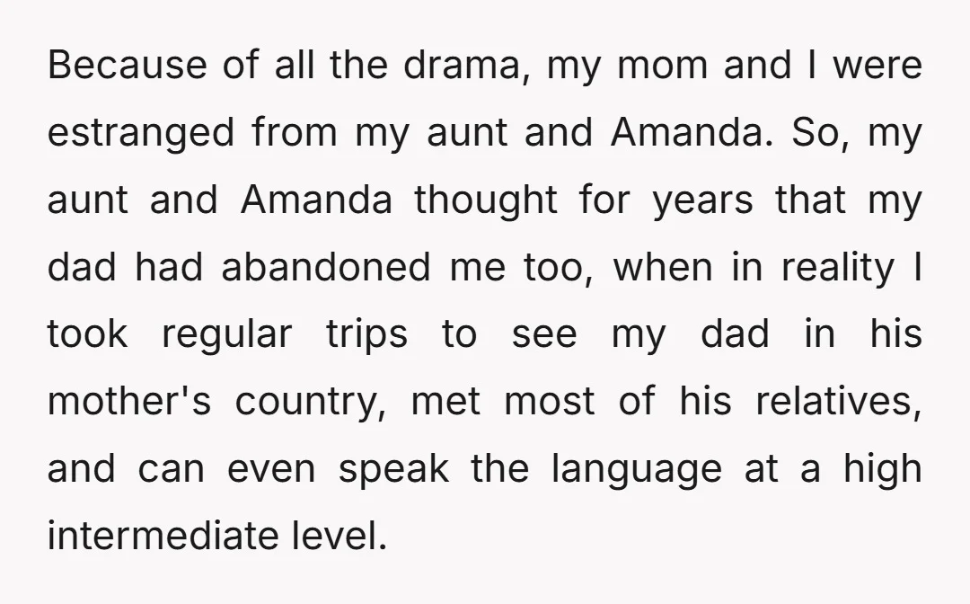 Because of all the drama, my mom and I were estranged from my aunt and Amanda. So, my aunt and Amanda thought for years that my dad had abandoned me...