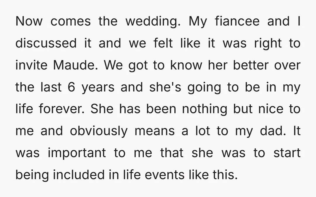 Now comes the wedding. My fiancee and I discussed it and we felt like it was right to invite Maude. We got to know her better over the last 6...