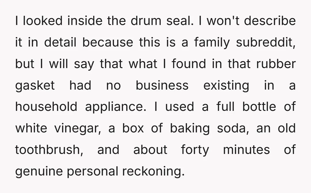 I looked inside the drum seal. I won't describe it in detail because this is a family subreddit, but I will say that what I found in that rubber gasket...