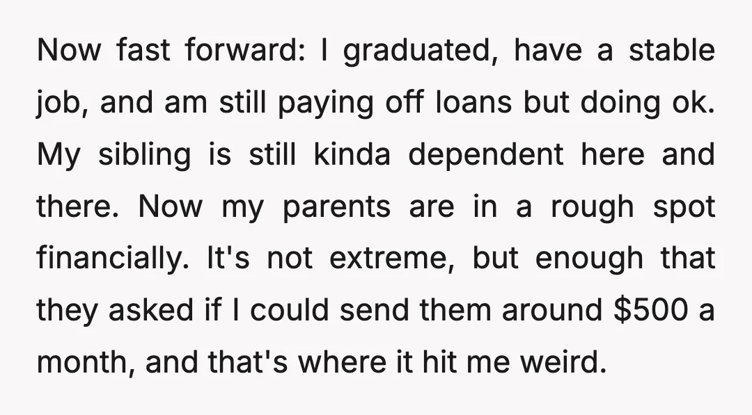 Now fast forward: I graduated, have a stable job, and am still paying off loans but doing ok. My sibling is still kinda dependent here and there. Now my parents...