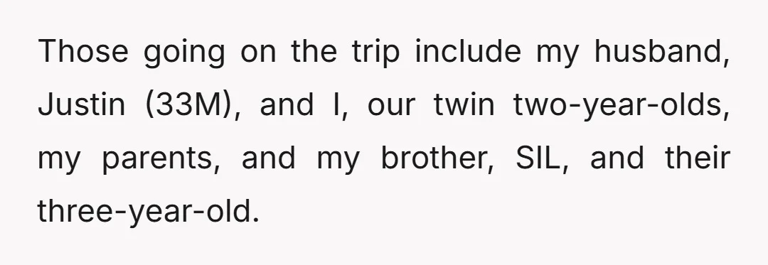 Those going on the trip include my husband, Justin (33M), and I, our twin two-year-olds, my parents, and my brother, SIL, and their three-year-old.