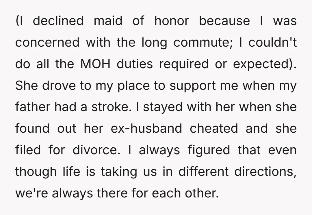 (I declined maid of honor because I was concerned with the long commute; I couldn't do all the MOH duties required or expected). She drove to my place to support...