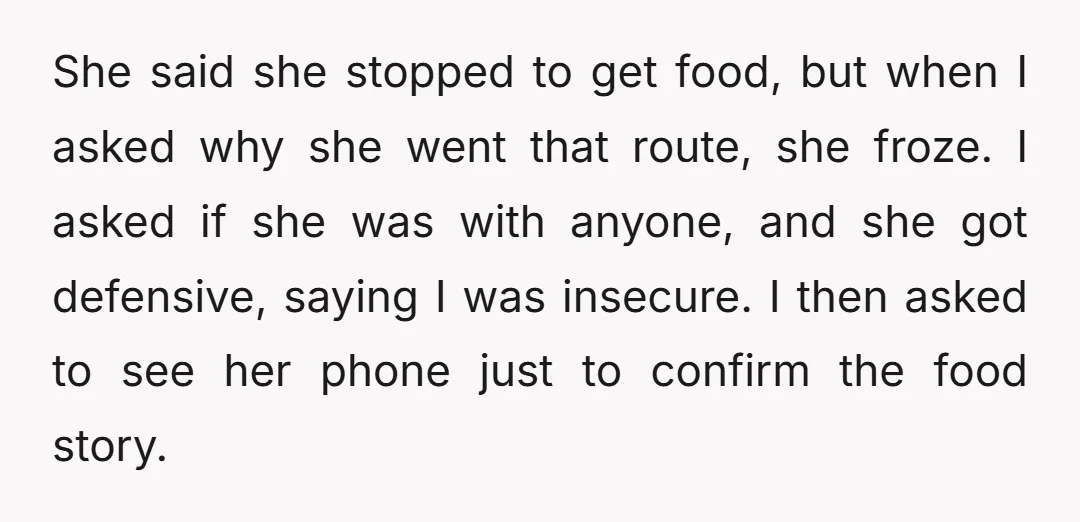 She said she stopped to get food, but when I asked why she went that route, she froze. I asked if she was with anyone, and she got defensive, saying...