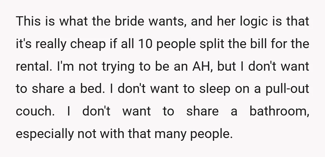 This is what the bride wants, and her logic is that it's really cheap if all 10 people split the bill for the rental. I'm not trying to be an...