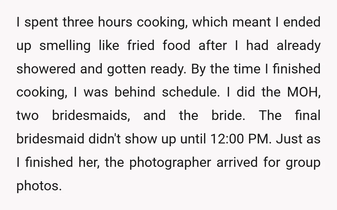 I spent three hours cooking, which meant I ended up smelling like fried food after I had already showered and gotten ready. By the time I finished cooking, I was...